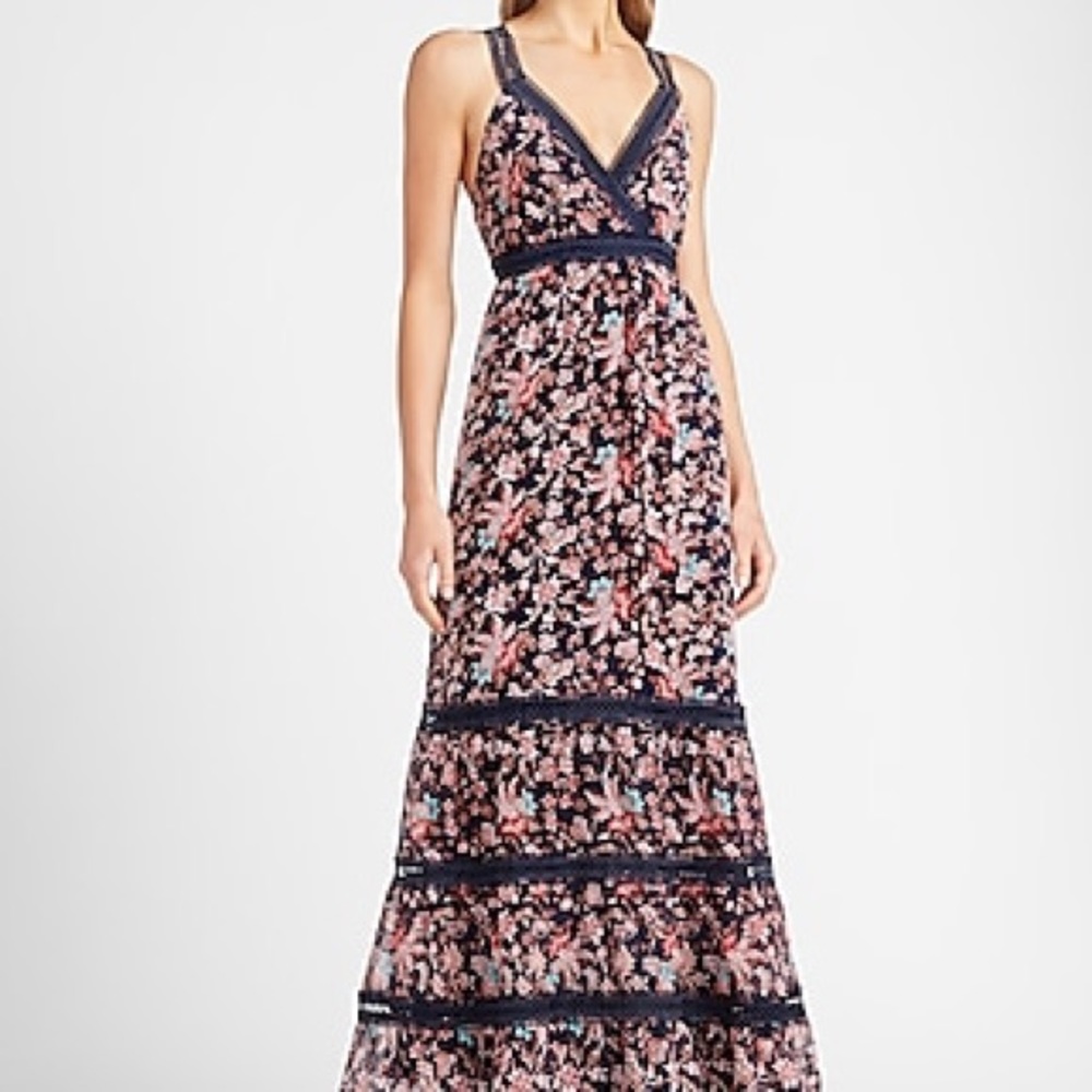 Express Floral Lace Pieced Tiered Maxi Dress